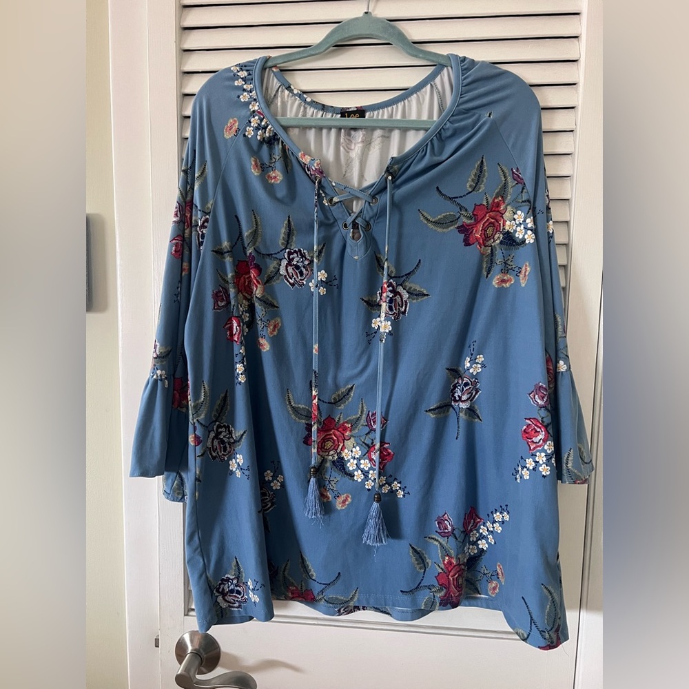 Lee Blue Floral Blouse with Tassel Tie